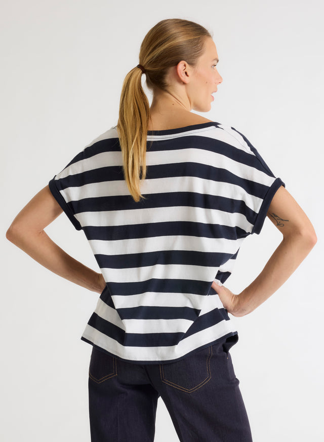 Majestic Filatures T-shirt Rayé Marine Et Blanc Col V Manches Courtes En Coton Organique Coton Organique