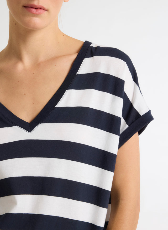 Majestic Filatures T-shirt Rayé Marine Et Blanc Col V Manches Courtes En Coton Organique Coton Organique