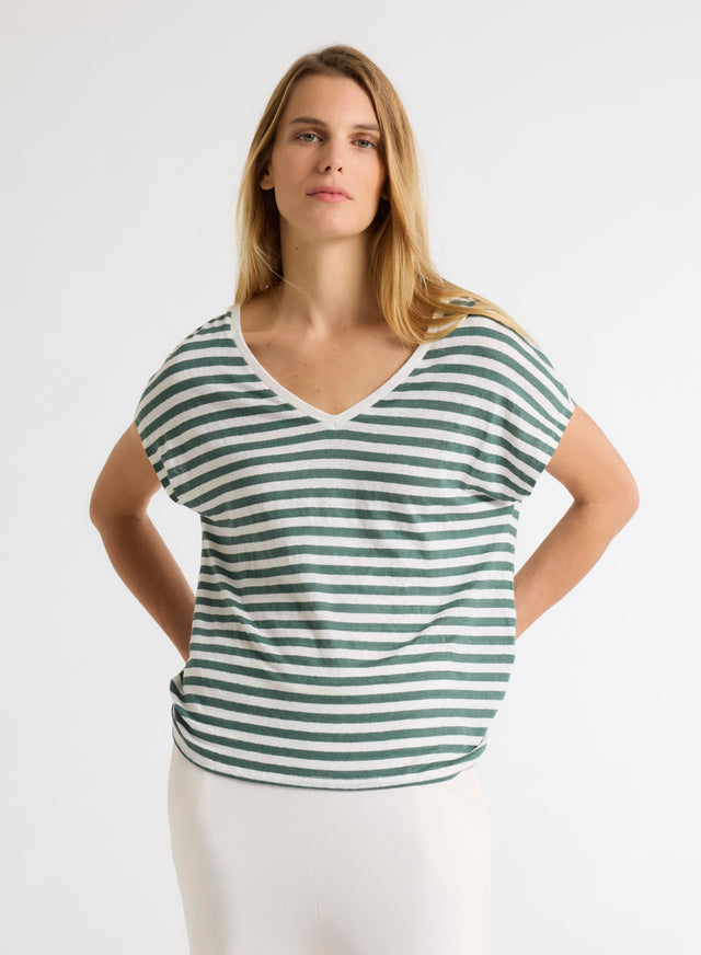 Majestic Filatures T-shirt Rayé Vert Et Blanc Col V Manches Courtes En Lin / Elasthanne Lin / Elasthanne