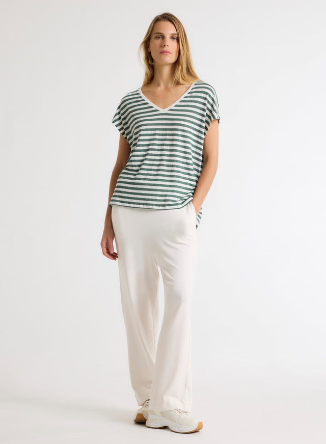 Majestic Filatures T-shirt Rayé Vert Et Blanc Col V Manches Courtes En Lin / Elasthanne Lin / Elasthanne