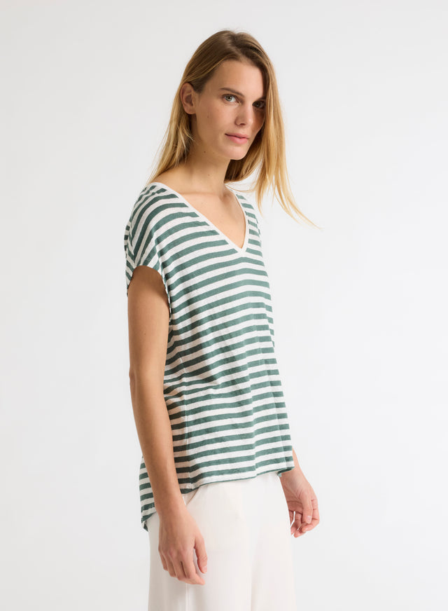 Majestic Filatures T-shirt Rayé Vert Et Blanc Col V Manches Courtes En Lin / Elasthanne Lin / Elasthanne