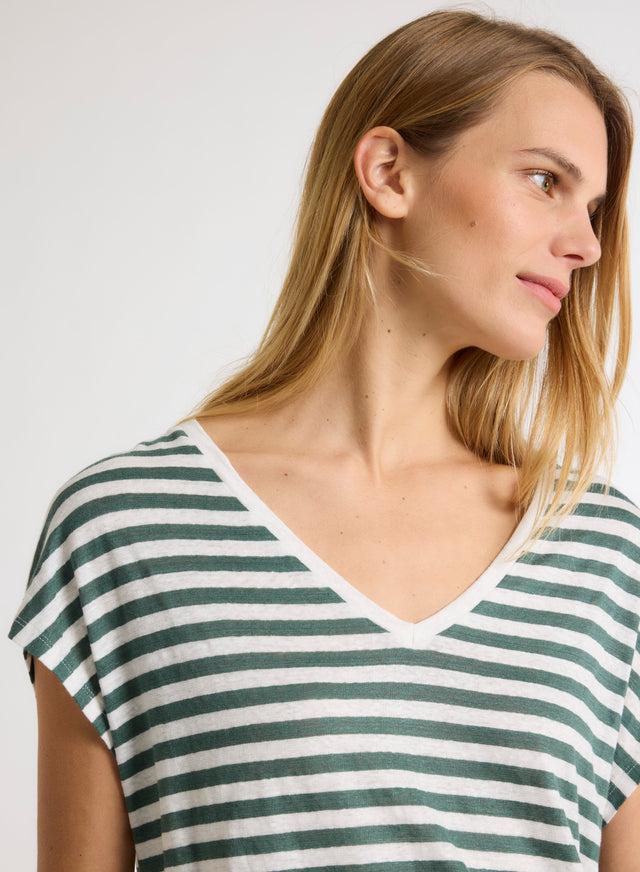 majestic filatures T-shirt rayé Vert et Blanc Col V Manches Courtes en Lin / Elasthanne Lin / Elasthanne