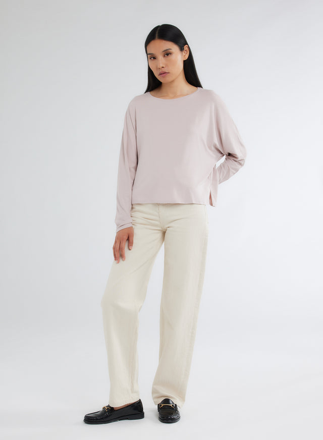 Majestic Filatures T-shirt Rose Clair Oversize Col Bateau Manches Longues En Viscose Et Élasthanne Viscose / Élasthanne