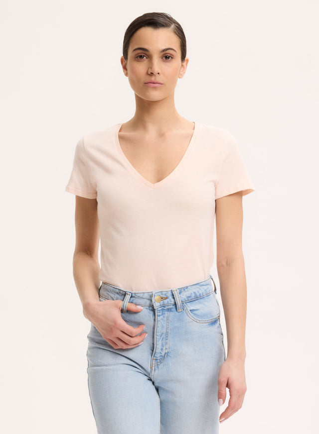 Majestic Filatures T-shirt Rose Col V Manches Courtes En Coton Organique Coton Organique
