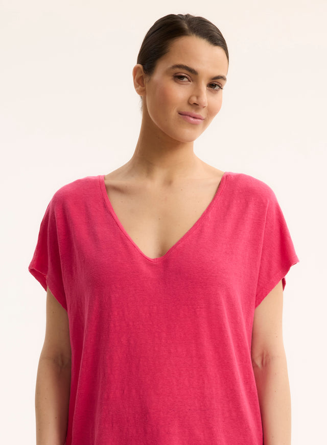 Majestic Filatures T-shirt Rose Col V Manches Courtes En Lin / Elasthanne Lin / Elasthanne