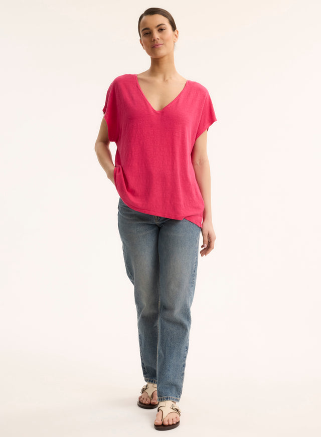Majestic Filatures T-shirt Rose Col V Manches Courtes En Lin / Elasthanne Lin / Elasthanne