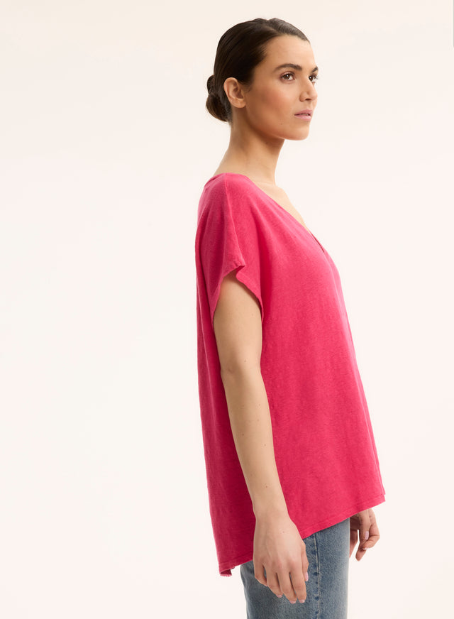 Majestic Filatures T-shirt Rose Col V Manches Courtes En Lin / Elasthanne Lin / Elasthanne