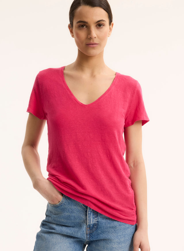 Majestic Filatures T-shirt Rose Col V Manches Courtes En Lin / Elasthanne Lin / Elasthanne