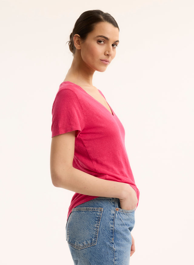 Majestic Filatures T-shirt Rose Col V Manches Courtes En Lin / Elasthanne Lin / Elasthanne