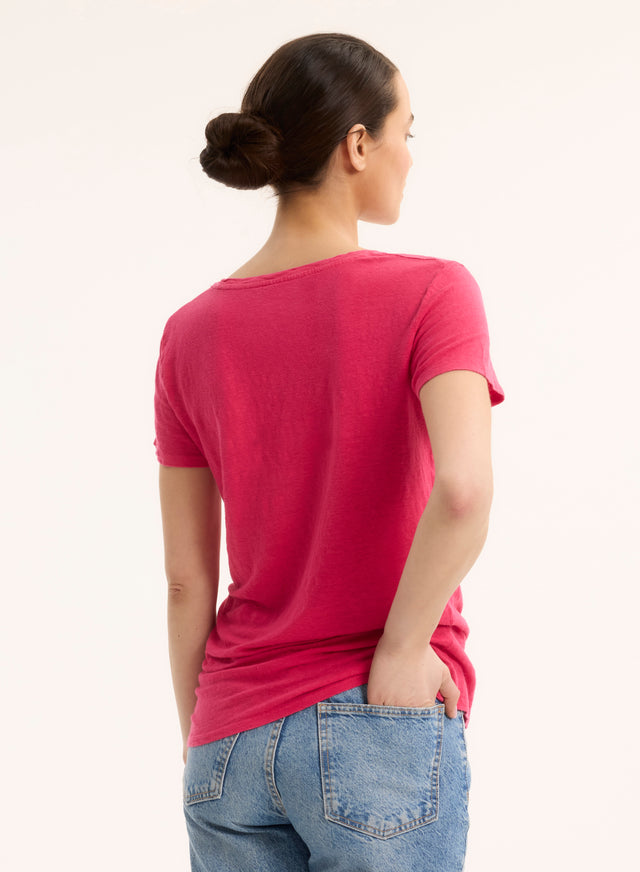 Majestic Filatures T-shirt Rose Col V Manches Courtes En Lin / Elasthanne Lin / Elasthanne