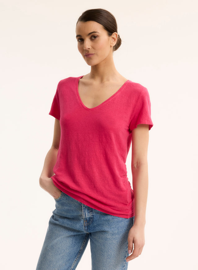 majestic filatures T-shirt Rose Col V Manches Courtes en Lin / Elasthanne Lin / Elasthanne