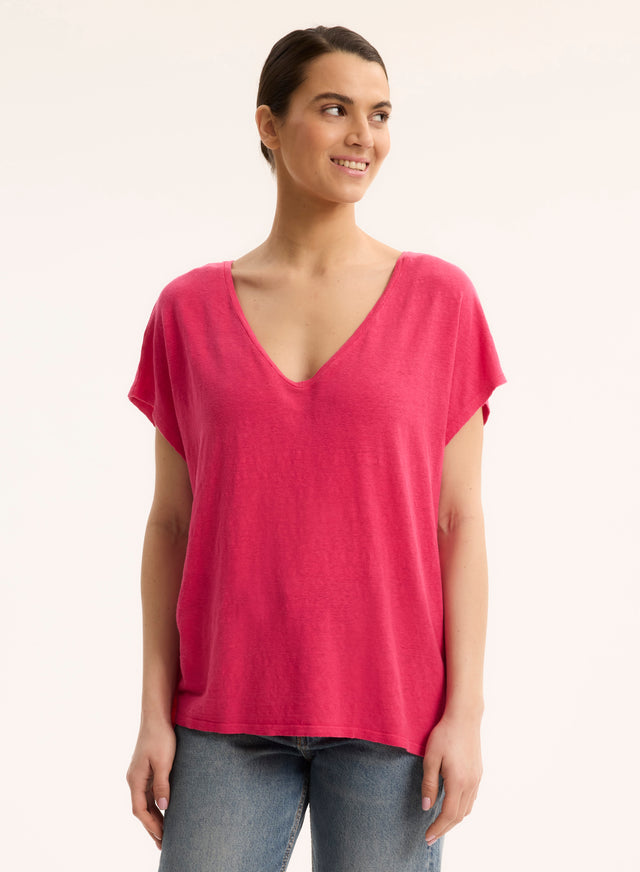 majestic filatures T-shirt Rose Col V Manches Courtes en Lin / Elasthanne Lin / Elasthanne