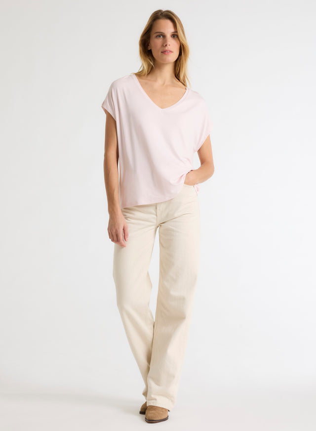Majestic Filatures T-shirt Rose Col V Manches Courtes En Viscose / Élasthanne Viscose / Élasthanne