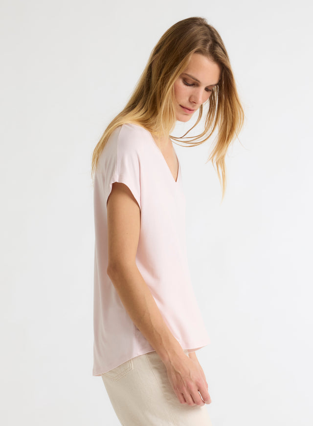 Majestic Filatures T-shirt Rose Col V Manches Courtes En Viscose / Élasthanne Viscose / Élasthanne