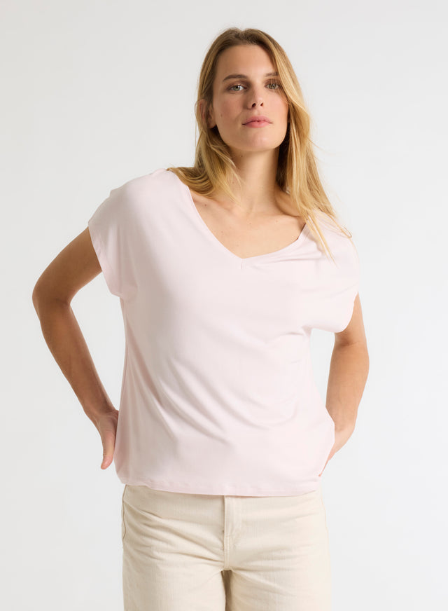 majestic filatures T-shirt Rose Col V Manches Courtes en Viscose / Élasthanne Viscose / Élasthanne