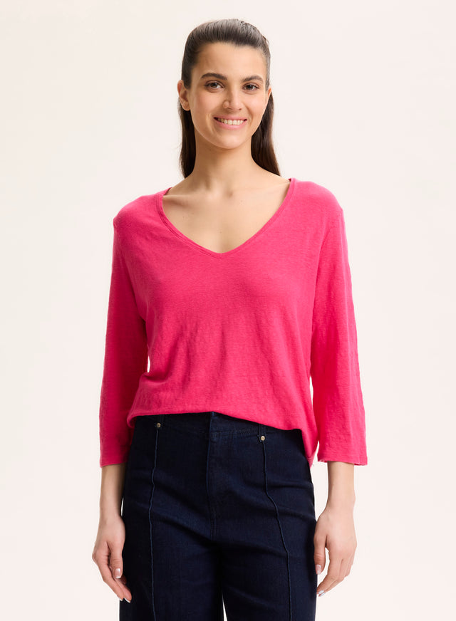 Majestic Filatures T-shirt Rose Col V Manches Trois Quarts En Lin / Elasthanne Lin / Elasthanne