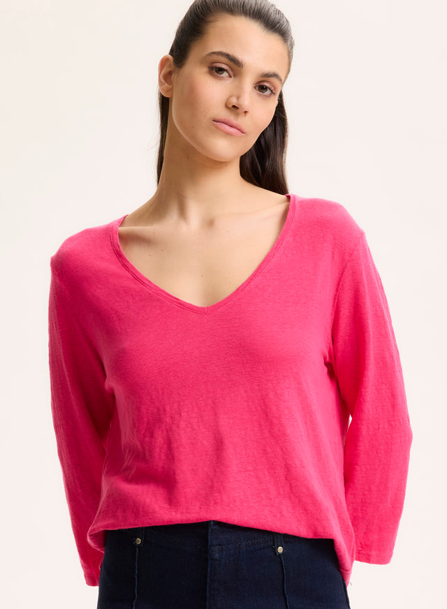 majestic filatures T-shirt Rose Col V Manches Trois quarts en Lin / Elasthanne Lin / Elasthanne