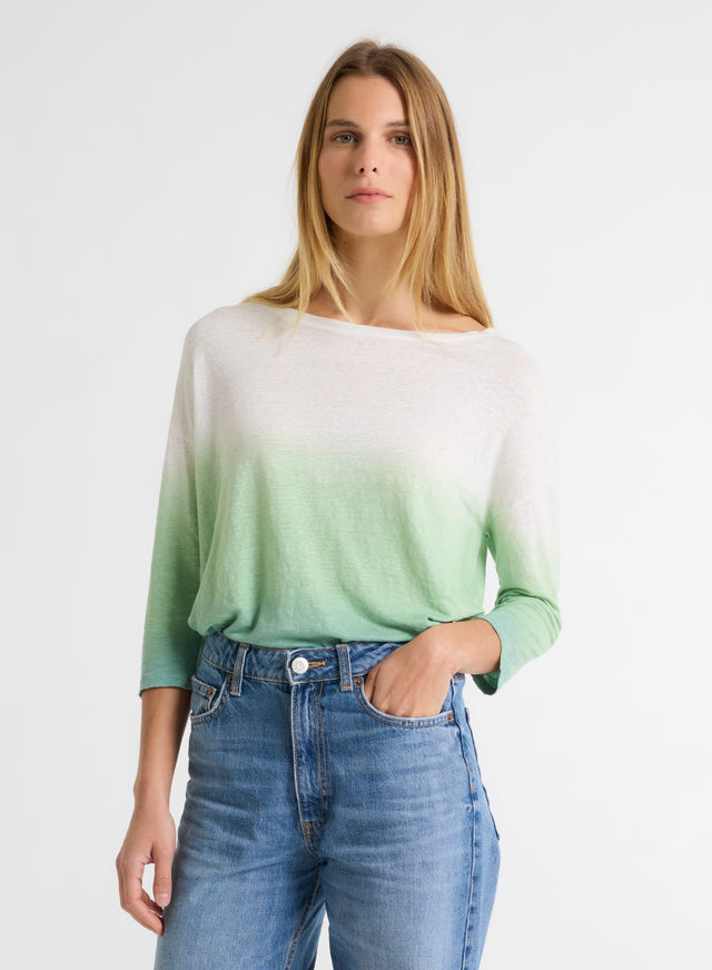 Majestic Filatures T-shirt Vert Clair Col Bateau Manches Trois Quarts En Coton Organique / Lin Coton Organique / Lin