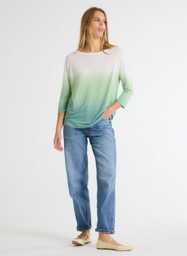 Majestic Filatures T-shirt Vert Clair Col Bateau Manches Trois Quarts En Coton Organique / Lin Coton Organique / Lin