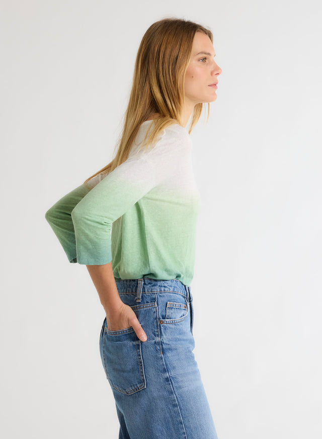 Majestic Filatures T-shirt Vert Clair Col Bateau Manches Trois Quarts En Coton Organique / Lin Coton Organique / Lin