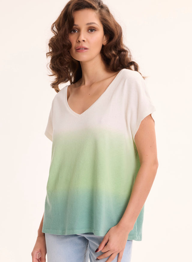 Majestic Filatures T-shirt Vert Clair Col V Manches Courtes En Coton Organique / Lin Coton Organique / Lin