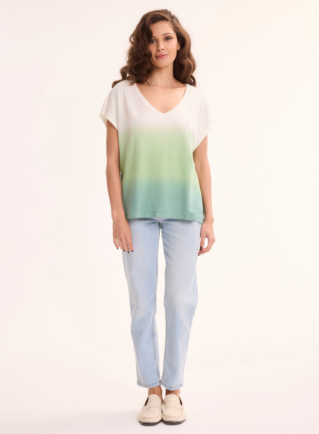 Majestic Filatures T-shirt Vert Clair Col V Manches Courtes En Coton Organique / Lin Coton Organique / Lin
