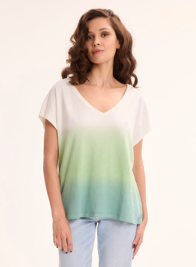 majestic filatures T-shirt Vert clair Col V Manches Courtes en Coton organique / Lin Coton organique / Lin
