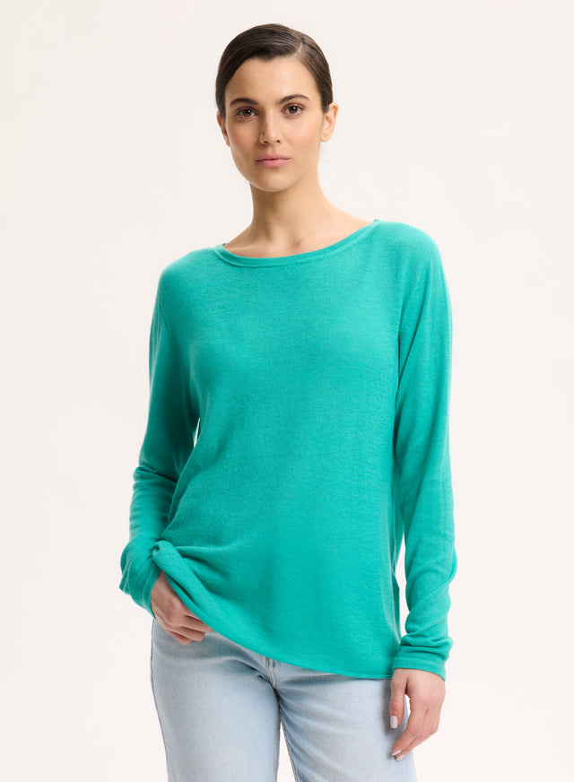 Majestic Filatures T-shirt Vert Col Rond Manches Coudes En Cachemire Cachemire