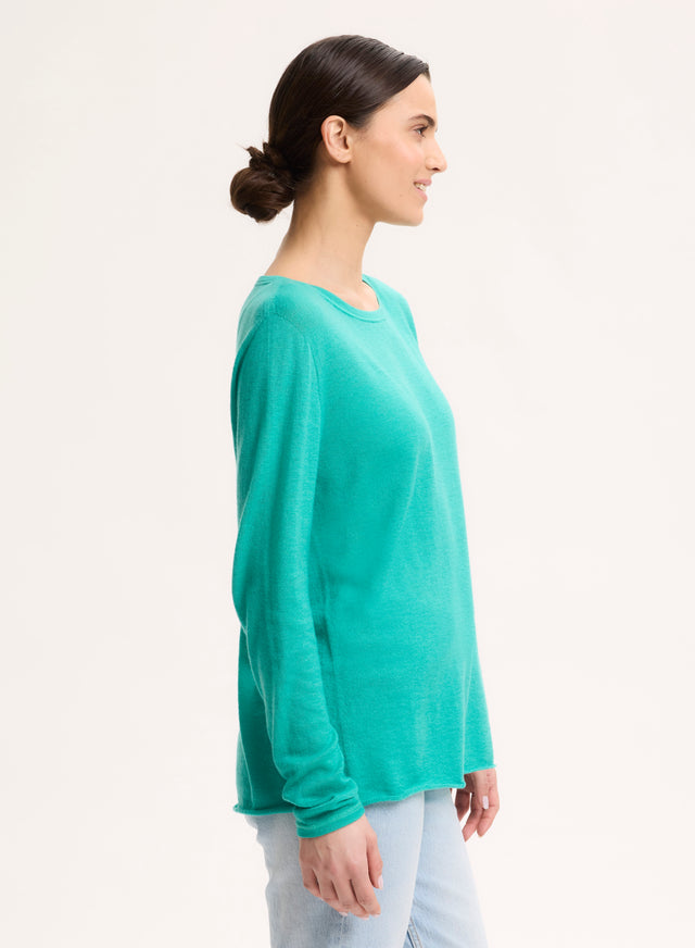 Majestic Filatures T-shirt Vert Col Rond Manches Coudes En Cachemire Cachemire