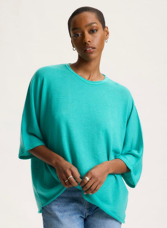 Majestic Filatures T-shirt Vert Col Rond Manches Coudes En Cachemire Cachemire