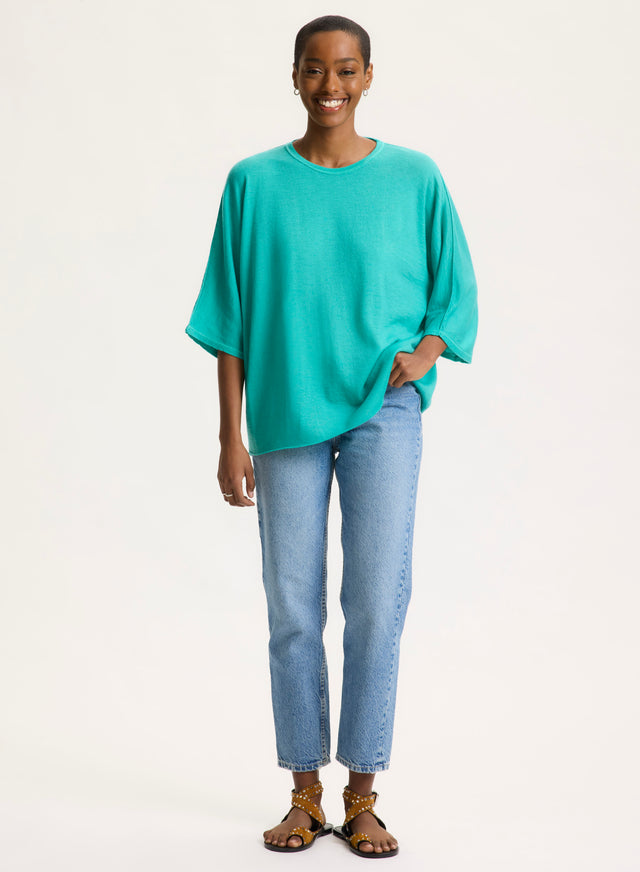 Majestic Filatures T-shirt Vert Col Rond Manches Coudes En Cachemire Cachemire