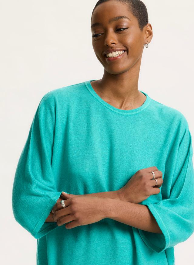 Majestic Filatures T-shirt Vert Col Rond Manches Coudes En Cachemire Cachemire