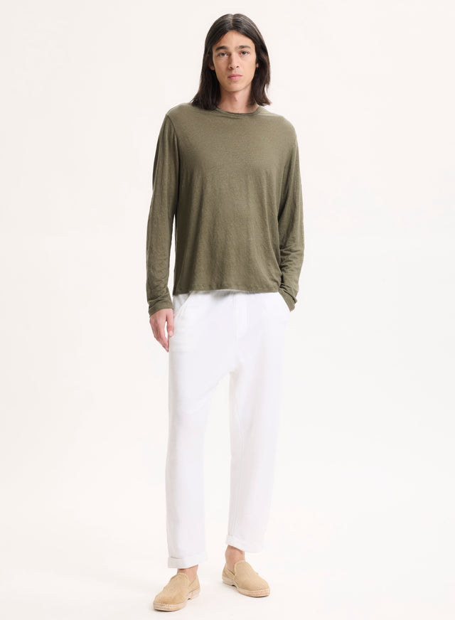 Majestic Filatures T-shirt Vert Col Rond Manches Longues Lin / Elasthanne