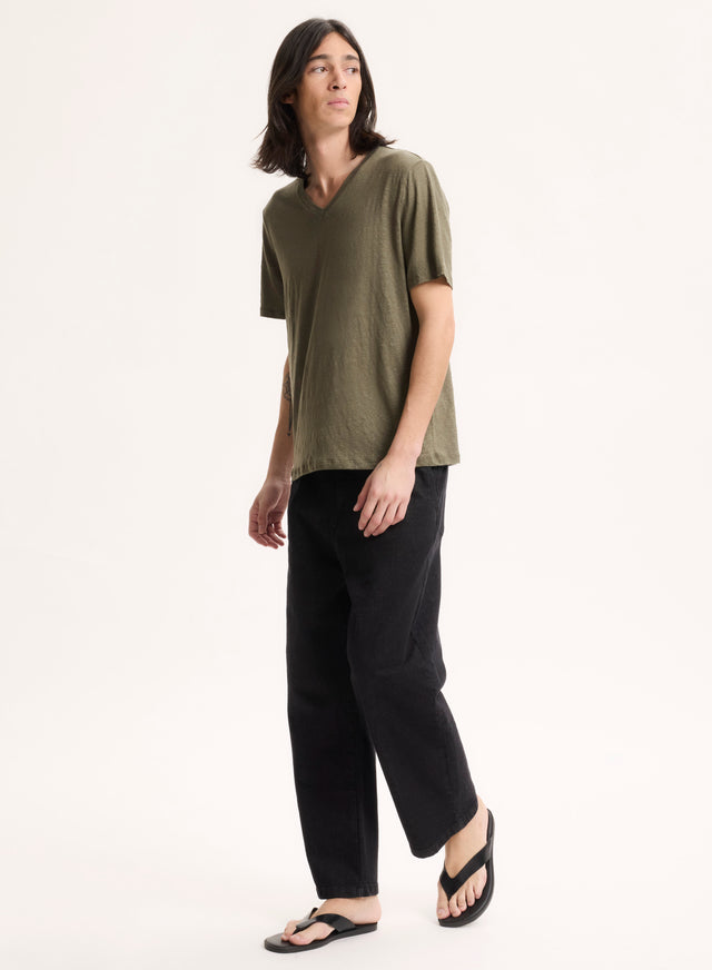 Majestic Filatures T-shirt Vert Col V Manches Courtes En Lin / Elasthanne Lin / Elasthanne