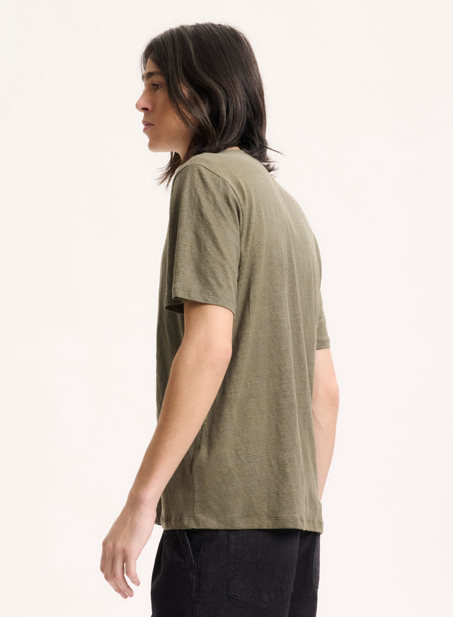Majestic Filatures T-shirt Vert Col V Manches Courtes En Lin / Elasthanne Lin / Elasthanne