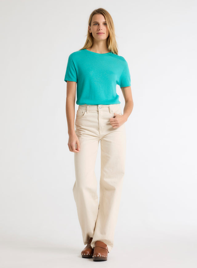 Majestic Filatures T-shirt Vert Col V Manches Courtes En Lin / Elasthanne Cachemire