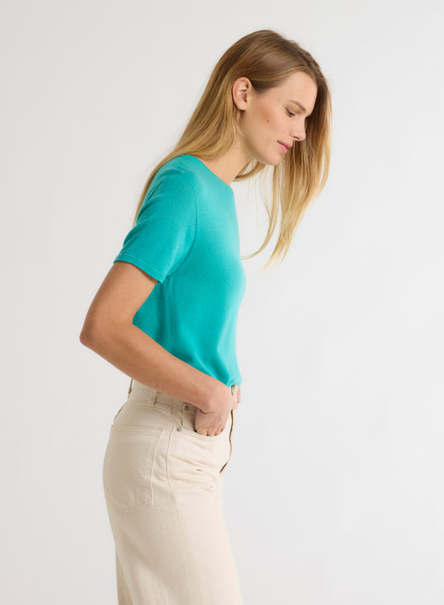 Majestic Filatures T-shirt Vert Col V Manches Courtes En Lin / Elasthanne Cachemire