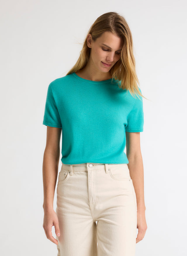 majestic filatures T-shirt Vert Col V Manches Courtes en Lin / Elasthanne Cachemire