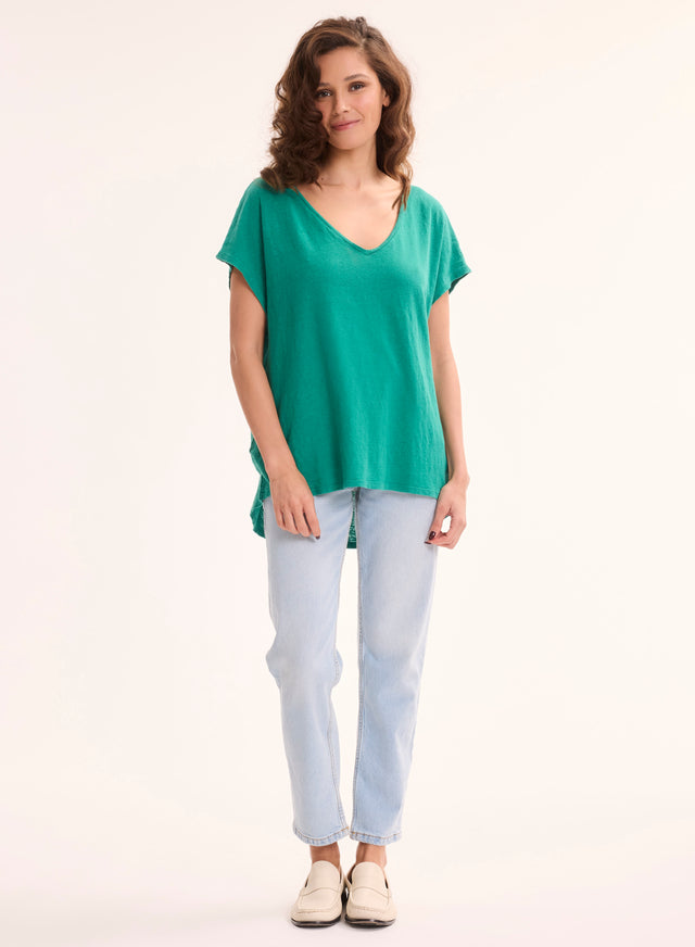 Majestic Filatures T-shirt Vert Col V Manches Courtes En Lin / Elasthanne Lin / Elasthanne