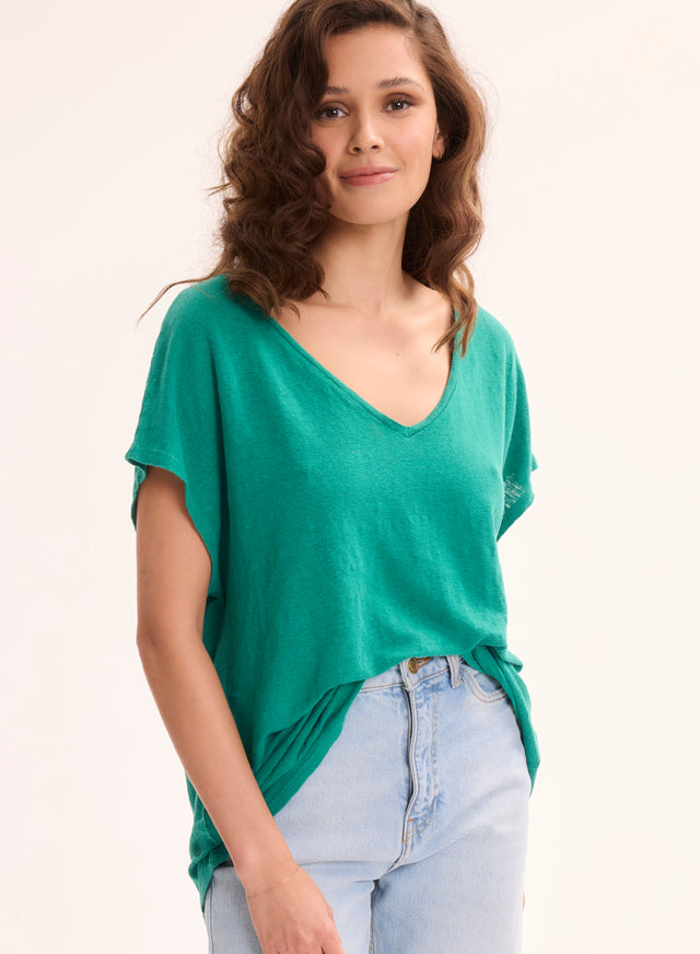 Majestic Filatures T-shirt Vert Col V Manches Courtes En Lin / Elasthanne Lin / Elasthanne