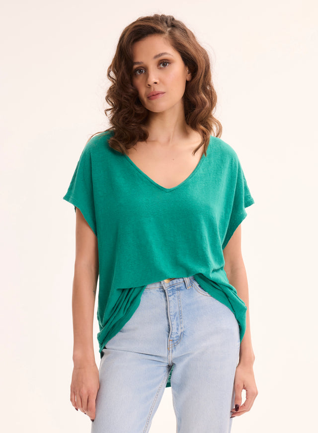 majestic filatures T-shirt Vert Col V Manches Courtes en Lin / Elasthanne Lin / Elasthanne