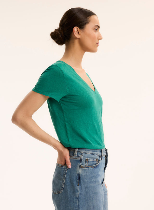 Majestic Filatures T-shirt Vert Col V Manches Courtes En Lin / Elasthanne Lin / Elasthanne