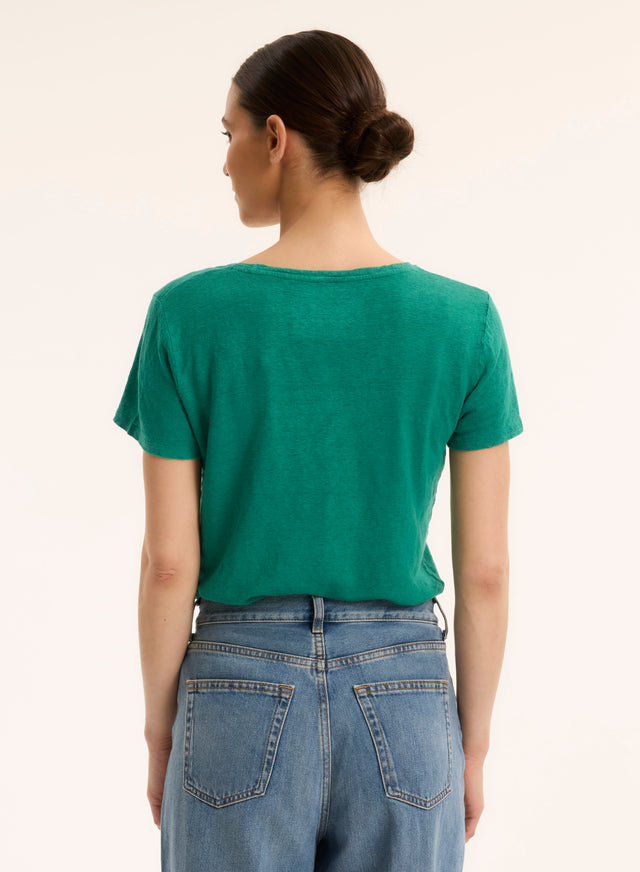 Majestic Filatures T-shirt Vert Col V Manches Courtes En Lin / Elasthanne Lin / Elasthanne