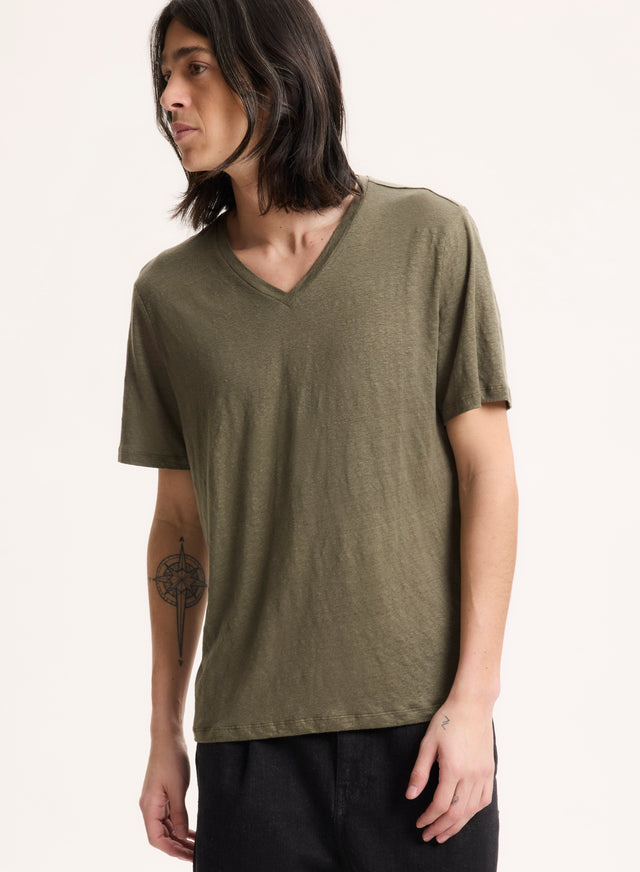 majestic filatures T-shirt Vert Col V Manches Courtes en Lin / Elasthanne Lin / Elasthanne