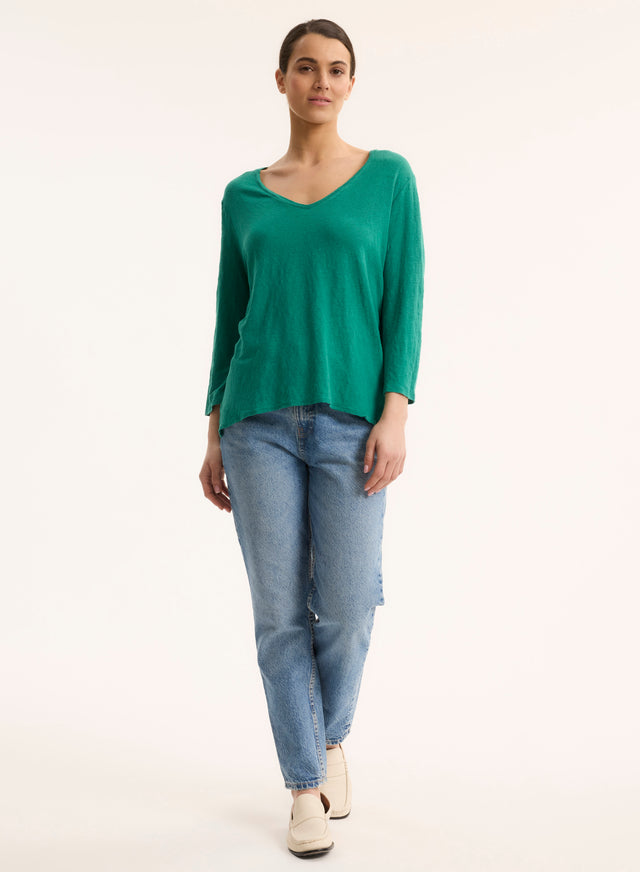 Majestic Filatures T-shirt Vert Col V Manches Trois Quarts En Lin / Elasthanne Lin / Elasthanne