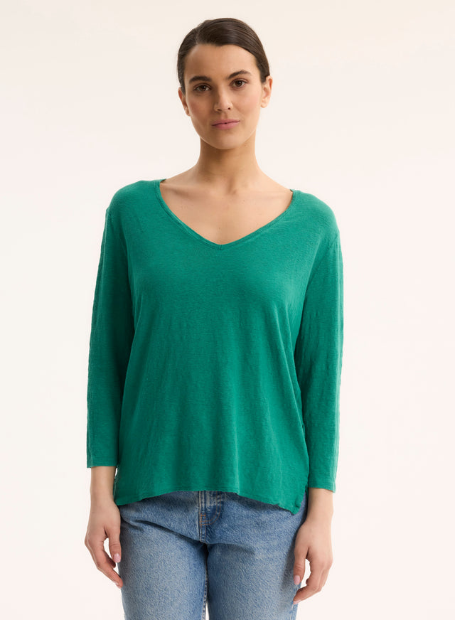 Majestic Filatures T-shirt Vert Col V Manches Trois Quarts En Lin / Elasthanne Lin / Elasthanne