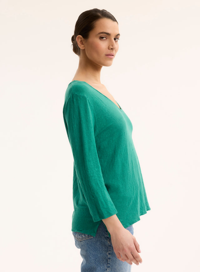 Majestic Filatures T-shirt Vert Col V Manches Trois Quarts En Lin / Elasthanne Lin / Elasthanne