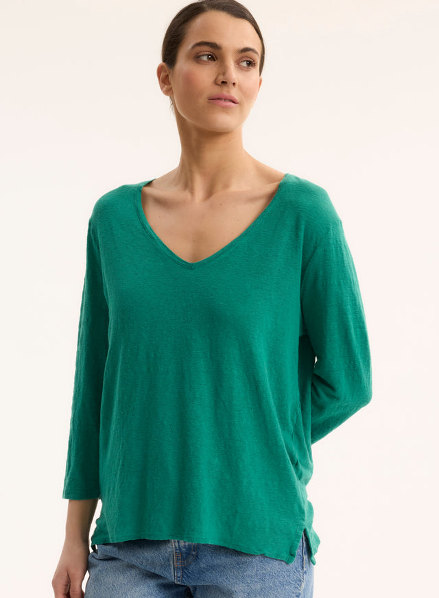 majestic filatures T-shirt Vert Col V Manches Trois quarts en Lin / Elasthanne Lin / Elasthanne