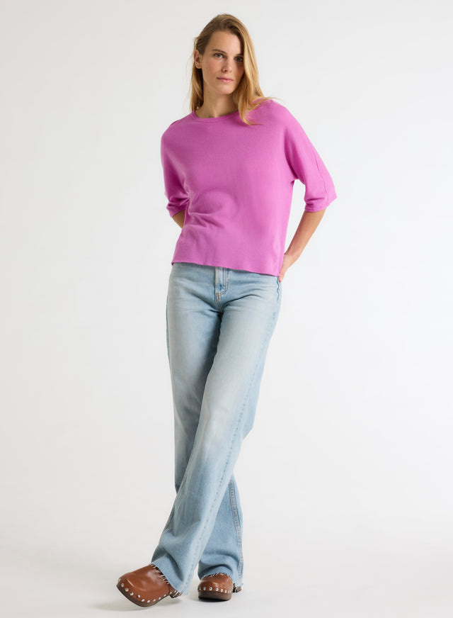 Majestic Filatures T-shirt Violet Col Rond Manches Coudes En Cachemire Cachemire