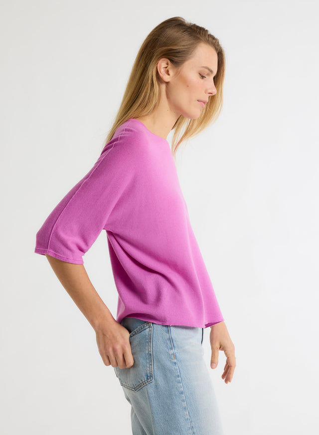 Majestic Filatures T-shirt Violet Col Rond Manches Coudes En Cachemire Cachemire